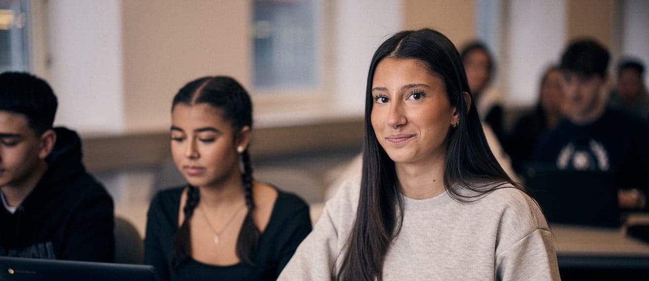 Elev sitter i ett klasrum med sin dator och kollar in i kameran.